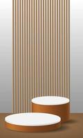 Realistic 3D brown wood white cylinder pedestal podium steps vertical wood pattern background stage showcase promotion display vector