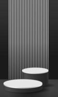 Realistic 3D black wood white cylinder pedestal podium steps vertical wood pattern background stage showcase promotion display vector