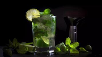 mojito cóctel en un mesa en verano bar, alcohol cócteles con Ron, Lima, menta, hielo cubitos y marrón azúcar de cerca, fiesta beber. aislado en negro fondo, selectivo atención generativo ai foto