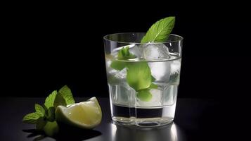 Mojito cocktail on a table in summer bar, Alcohol cocktails with Rum, lime, mint, ice cubes and brown sugar closeup, Party drink. Isolated on black background, selective focus photo