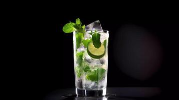 Mojito cocktail on a table in summer bar, Alcohol cocktails with Rum, lime, mint, ice cubes and brown sugar closeup, Party drink. Isolated on black background, selective focus photo