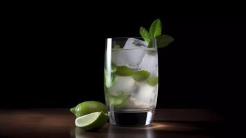 Mojito cocktail on a table in summer bar, Alcohol cocktails with Rum, lime, mint, ice cubes and brown sugar closeup, Party drink. Isolated on black background, selective focus photo