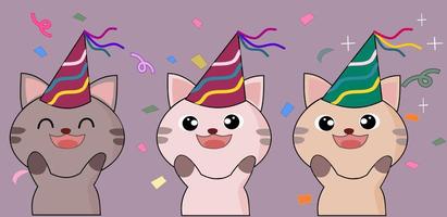 Cats wear party hat vector illustration. Cute kawaii kittens happy smiley face. Cats invitation party card.