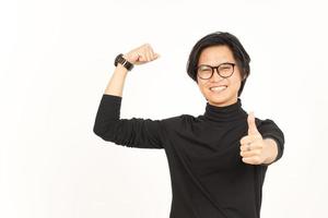 Rise Arms Biceps and Showing Thumbs Up Of Handsome Asian Man Isolated On White Background photo