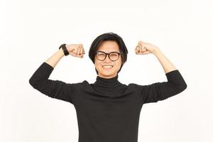 Showing strength arm Of Handsome Asian Man Isolated On White Background photo