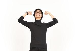 demostración fuerza brazo de hermoso asiático hombre aislado en blanco antecedentes foto