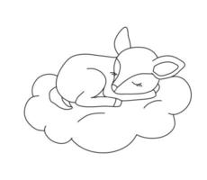 Cute dreaming deer on cloud. Cartoon hand drawn vector outline illustration for coloring book. Line baby animal isolated on white