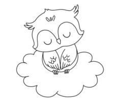 linda soñando búho en nube. dibujos animados mano dibujado vector contorno ilustración para colorante libro. línea bebé animal