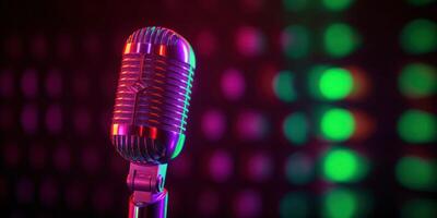 Studio Podcast Microphone on Blurry Neon Background photo