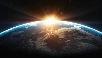 Nightly Earth planet in outer space with sun flare photo