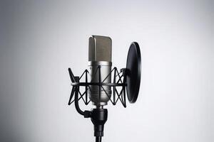 estudio podcast micrófono en blanco antecedentes foto