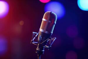 Studio Podcast Microphone on Blurry Neon Background photo