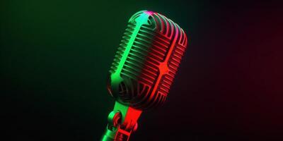 Studio Podcast Microphone on Blurry Neon Background photo