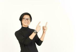 Showing Product and Pointing Side using forefinger Of Handsome Asian Man Isolated On White photo