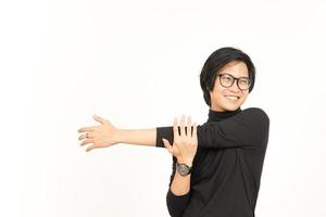 Stretching arms Of Handsome Asian Man Isolated On White Background photo