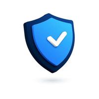 Technology security shield logo. 3D vector icon of checkmark, VPN symbol. Digital authentication and proxy server connection illustration. Virtual private network, password protection