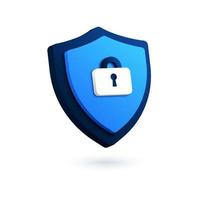 Technology security shield logo. 3D vector icon of lock, VPN symbol. Digital authentication and proxy server connection illustration. Virtual private network, password protection