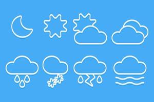 Vector icon collection for weather forecast reports, featuring clean and simple icons for sunny, rainy, cloudy, snowy, and overcast days. Perfect for use in weather apps, websites, widgets for web