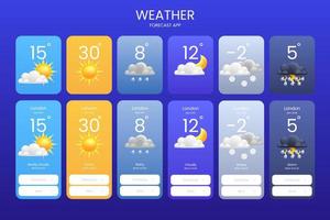 conjunto de meteorológico 3d dibujos animados íconos de lluvia, tormenta, nublado, claro adecuado para clima aplicaciones, plantillas, artilugios, íconos o ilustraciones. ai ux aplicación pantalla diseño, móvil interfaces vector