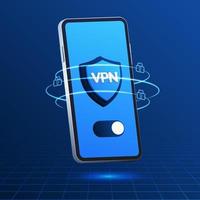 Vector illustration of a blue smartphone with a security shield. VPN technology privacy and security on the internet. Banner on blue background. Secure access to online data