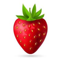 Realistic 3D vector illustration of a ripe red strawberry with a leaf isolated on a white background. Perfect for use in food and health themed designs, as well as illustrations and icons.