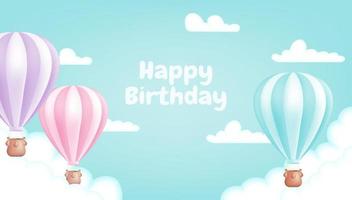 A hot air balloon on the blue background. Cute pastel children illustration perfect for a poster, invitation or card. Vector illustration template for birthday anniversaries, and baby showers.