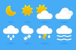 Vector illustration set of weather icons for use in web and mobile interfaces. Collection includes cartoon 3D icons for sunshine, rain, snow, thunderstorm, mist. Use in weather forecast apps, websites