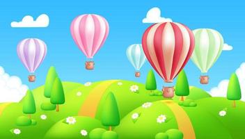 Hot air balloons, cute airship soars over green meadows, colorful fields, and a stunning valley with a panoramic view of the horizon. The 3D cartoon design features a blue sky with fluffy clouds. vector