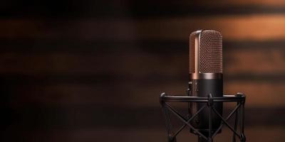estudio podcast micrófono en oscuro marrón antecedentes foto