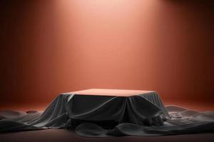 Empty podium covered with curtain on dark background photo