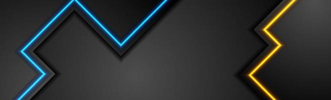 Black tech abstract banner with blue and orange neon glowing light vector