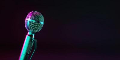 Studio Podcast Microphone on Blurry Neon Background photo