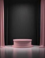 Empty pink podium with curtains on dark wall for product display photo