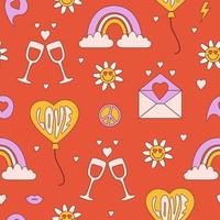 Groovy romantic seamless pattern in trendy retro 60s, 70s cartoon style. Vector colorful background for Valentine's Day.