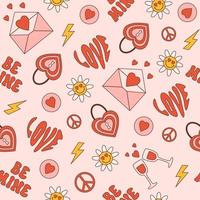 Groovy romantic seamless pattern in trendy retro 60s 70s cartoon style. Vector background in pastel colors.