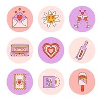 Retro set romantic groovy highlights cover in style vintage 70s, 80s. Abstract round icons isolated on a white background. Trendy vector illustration.