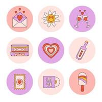 Retro set romantic groovy highlights cover in style vintage 70s, 80s. Abstract round icons isolated on a white background. Trendy vector illustration.