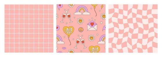 Groovy romantic set seamless patterns. Vector texture in trendy retro 60s, 70s cartoon style. Pastel colors