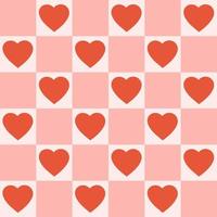 Monochrome seamless pattern with hearts on a checkered background. Modern retro illustration for decoration. Aesthetic vector print in style 60s, 70s.