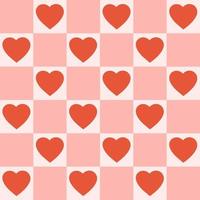 Monochrome seamless pattern with hearts on a checkered background. Modern retro illustration for decoration. Aesthetic vector print in style 60s, 70s.