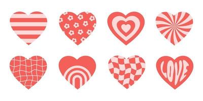 Vector set romantic icons hearts in pink and red colors. Retro background in groovy style 70s, 80s. Concentric hearts or stickers isolated on a white background