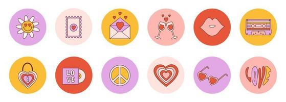 Retro set romantic groovy highlights cover in style vintage 70s, 80s. Abstract round icons isolated on a white background. Trendy vector illustration.