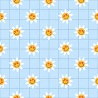 Retro groovy seamless pattern with smiling flowers on a blue checkered background. Cute colorful trendy vector illustration in style 60s, 70s