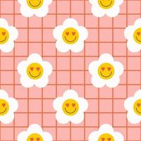 Retro groovy seamless pattern with smiling flowers on a checkered background. Cute colorful trendy vector illustration in style 60s, 70s