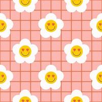 Retro groovy seamless pattern with smiling flowers on a checkered background. Cute colorful trendy vector illustration in style 60s, 70s