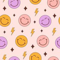 Groovy seamless pattern with smiling faces on a pastel background. Abstract colorful print in style 60s, 70s. Trendy vector illustration for kids.