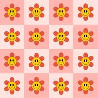 Retro groovy seamless pattern with smiling flowers on a checkered background. Cute colorful trendy vector illustration in style 60s, 70s