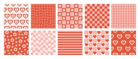 Groovy set romantic seamless patterns in retro style 60s, 70s. Trendy vector background. Red and pink colors