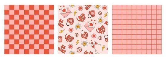 Groovy romantic set seamless patterns. Vector texture in trendy retro 60s, 70s cartoon style. Pink and red colors