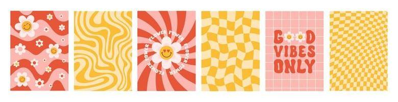 Retro groovy set backgrounds in style 60s, 70s. Flower power. Good vibes only. Trendy vector illustration. Red and yellow colors